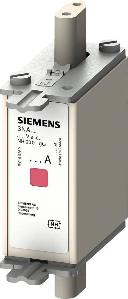 Ein NH-Sicherungseinsatz von Siemens, Typ 3NA, mit Angaben zur Spannungsart (v.a.c), mit einer roten Punktmarkierung auf dem Etikett.