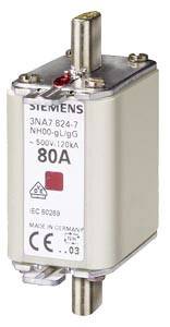 Eine NH-Sicherung mit Metallkontakten oben und unten, beschriftet mit '80A', Markenname darauf ersichtlich.
