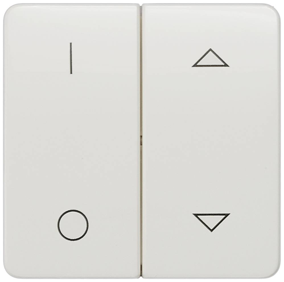 Zweifach-Schalter: Links Auf-/Abschaltung mit Kreissymbol, rechts Pfeile nach oben und unten für Steuerung, vermutlich für Jalousien.