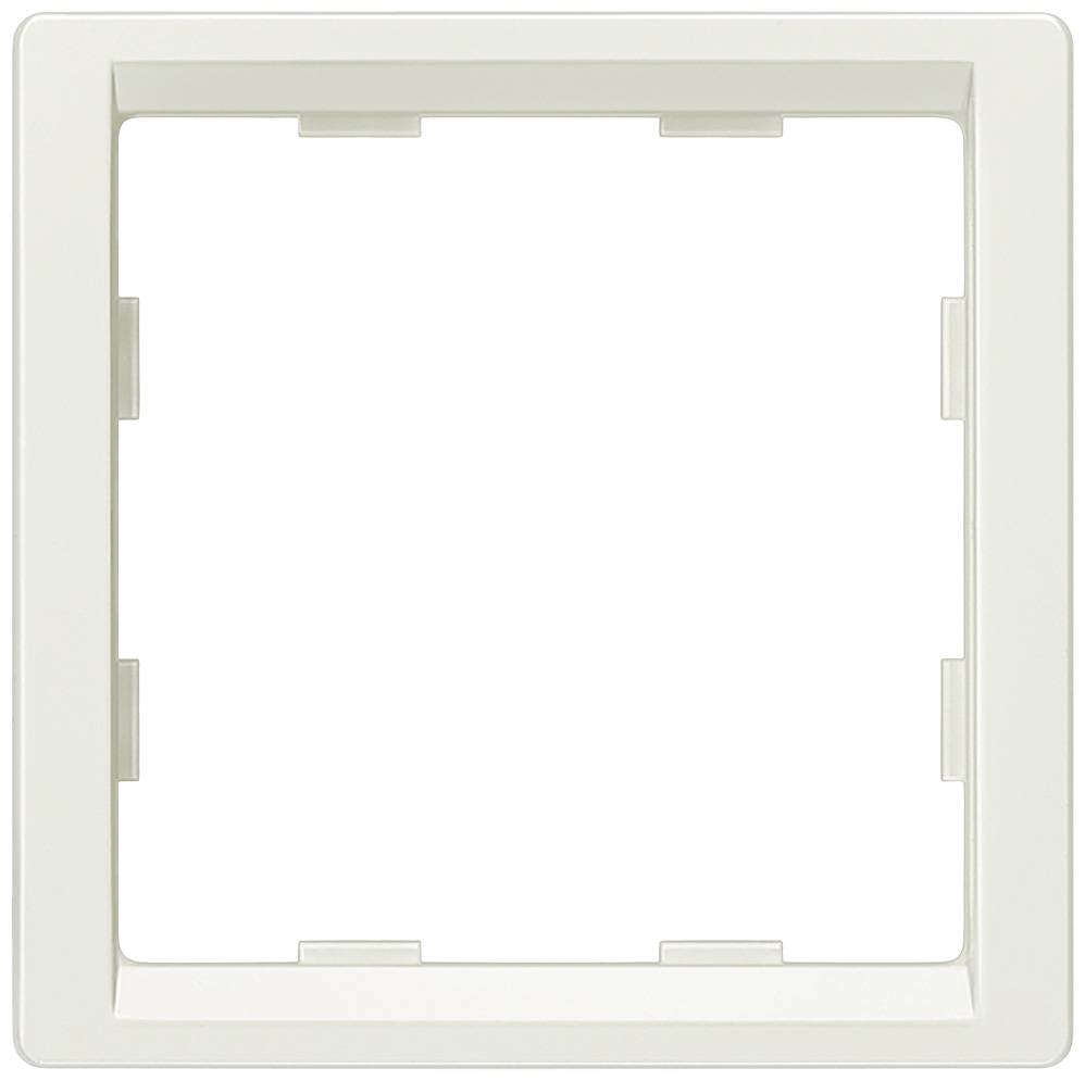 Weiße, quadratische Kunststoffrahmenöffnung, geeignet für Schaltereinsätze oder Steckdosen. Geeignet zur Wandmontage.