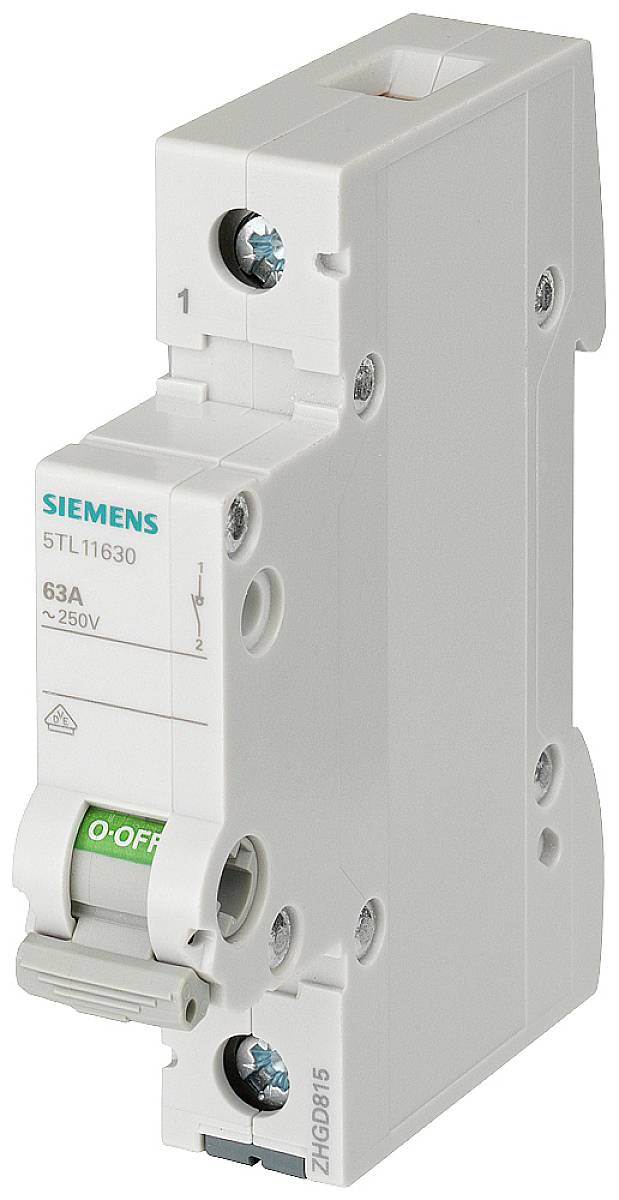 Einpoliger Leitungsschutzschalter von Siemens, Modell 5TL11630, mit grüner 'OFF'-Schalterposition und Daten '63A, 250V'.