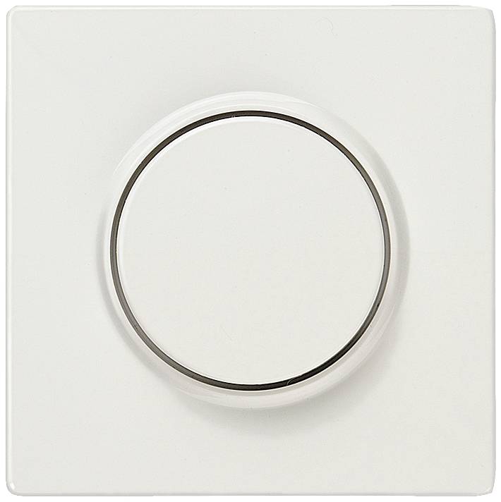 Ein weißer Wandschalter im ausgeschalteten Zustand, quadratisch mit abgerundeten Kanten, vor einem neutralen Hintergrund.