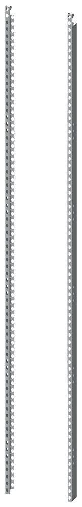 Metallschienen mit vorgebohrten Löchern, vertikale Ausrichtung, auf weißem Hintergrund. Sie sind schlank und lang, möglicherweise für Montagezwecke.