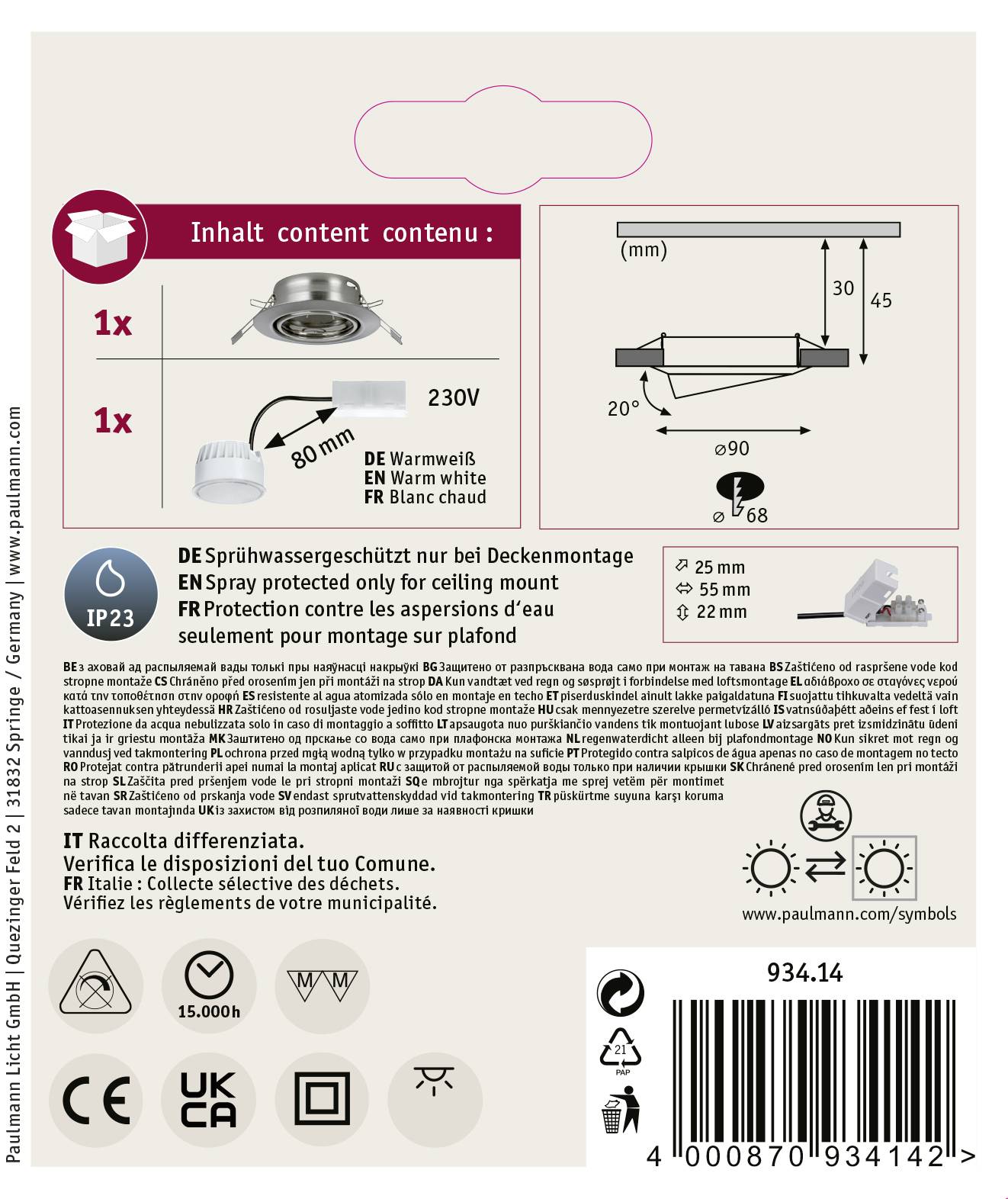 Paulmann 93414 Base Einbauleuchte LED LED 5W Eisen (gebürstet)