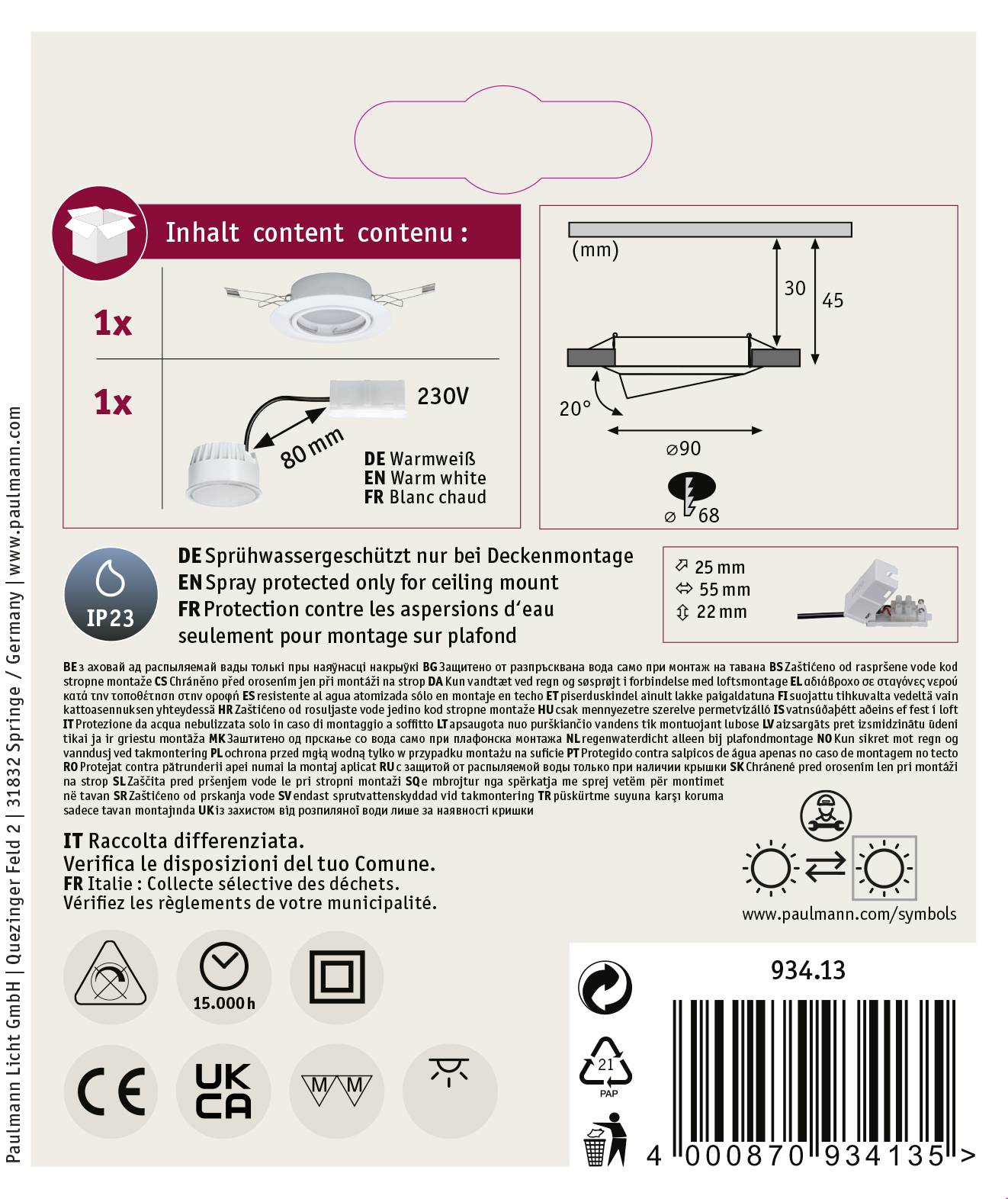 Paulmann 93413 Base Einbauleuchte LED LED 5W Weiß