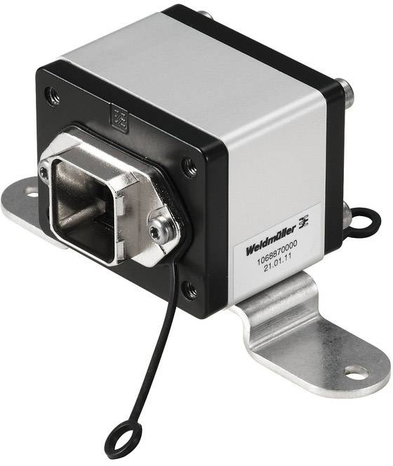 Industrieller Stecker von Weidmüller, silber-schwarz, mit Befestigungslaschen und Beschriftungsfeld links '1068870000'.