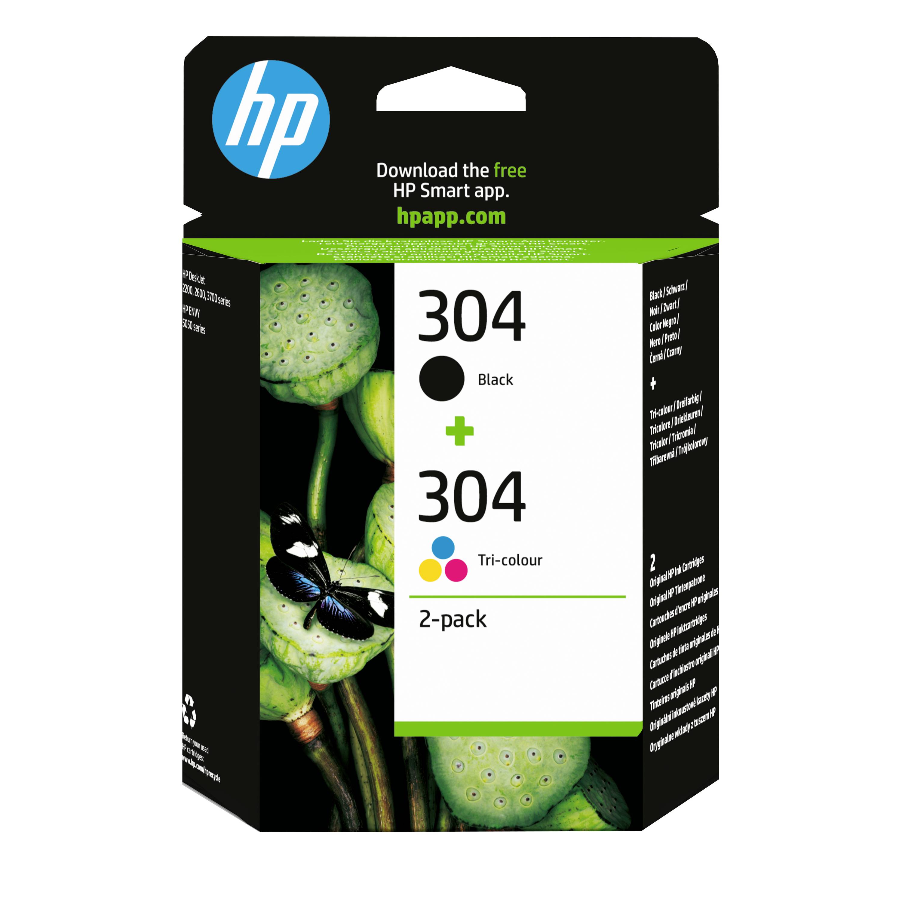 HP 304 Druckerpatrone 2er-Pack, schwarz und Farbtinte für HP Smart App-kompatible Drucker.