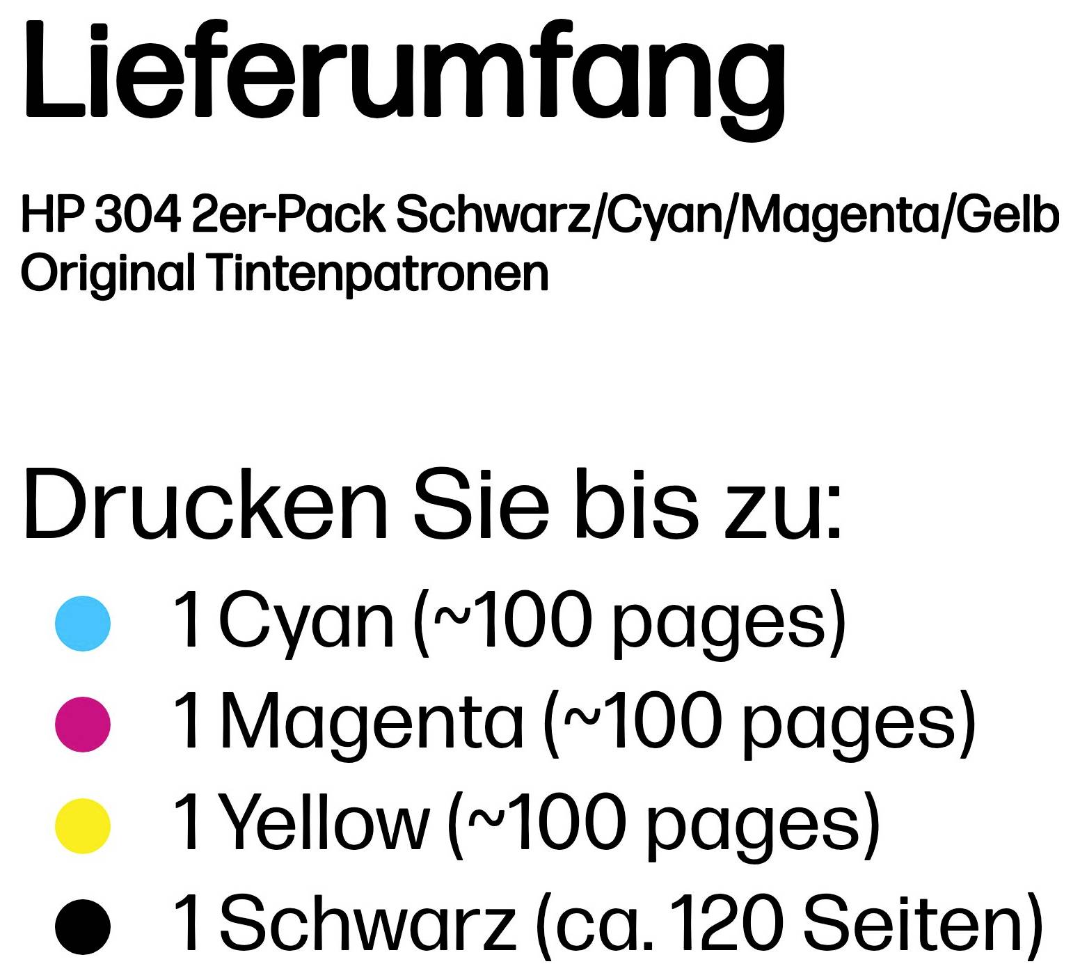 # HP 304 2er-Pack Original Tintenpatronen## Enthaltene Farben:- Cyan- Magenta- Gelb- Schwarz## Geschätzte Druckleistung:Cyan, Magenta, Gelb und Schwarz