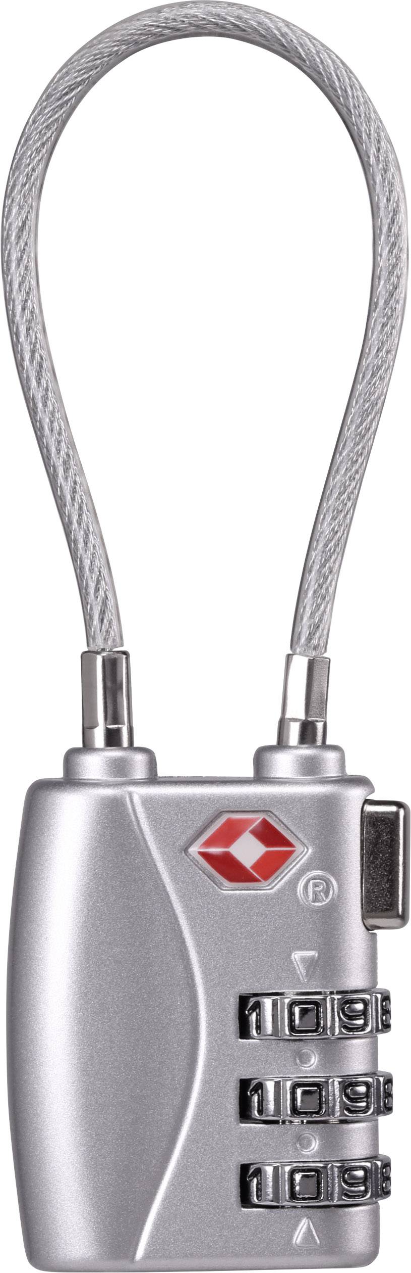 Silbernes Zahlenschloss mit drehbaren Rädern zur Zahlenkombination und einem Seilbügel. Ideal für Koffer oder Taschen.