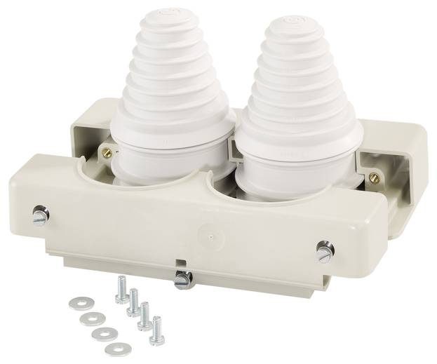 Ein cremefarbenes Doppel-Isolatorgehäuse mit schraubförmigen Strukturen und beiliegenden Schrauben und Muttern, zur elektrischen Installation.