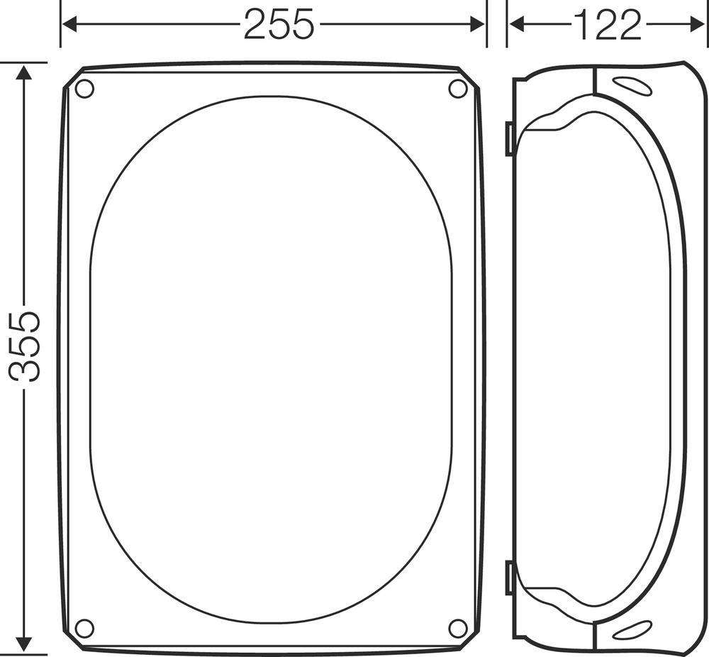 Technische Zeichnung eines rechteckigen Objekts mit ovaler Öffnung. Maße: 255 mm Breite, 355 mm Höhe, 122 mm Tiefe.