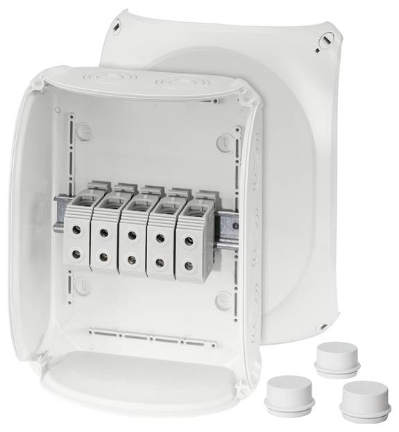 Leergehäuse mit Reihenklemme und fünf Klemmpunkten, ausgestattet für Elektroinstallationen. Enthält Abdeckungen und Montageschienen.