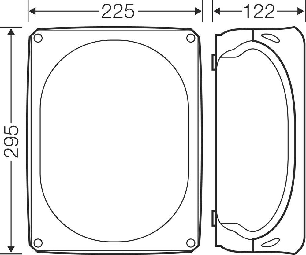 Technische Zeichnung eines rechteckigen Objekts mit abgeschnittenen Ecken, Abmessungen: Breite 225 mm, Höhe 295 mm, Tiefe 122 mm.