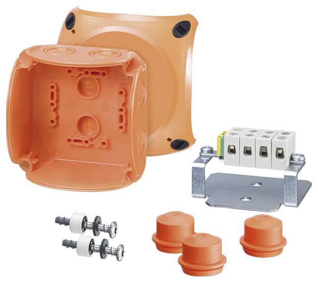 Orange Installationsbox mit Zubehörteilen: Abdeckung, Klemme, Abdichtungen und Schrauben.