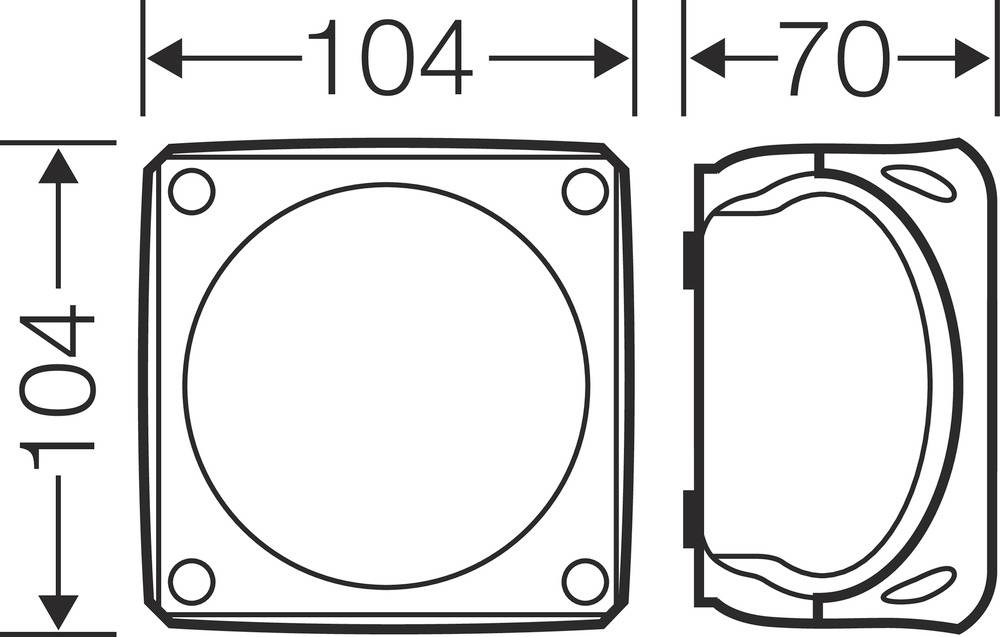 Diagramm eines quadratischen Objekts mit abgerundeten Ecken. Maße: 104 mm x 104 mm x 70 mm. Zeigt Vorder- und Seitenansicht.