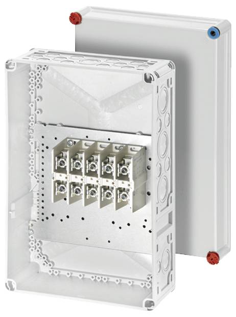Zwei leere, weiße Schaltschrankgehäuse mit abnehmbaren Deckeln, geeignet für elektrische Installationen, Vorder- und Rückansicht.