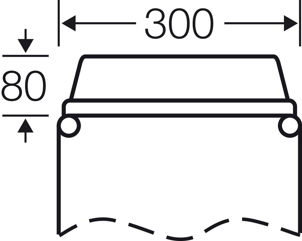 Technische Zeichnung eines Objekts mit den Maßen 300 mm Breite und 80 mm Höhe. Oberer Bereich rechteckig, unten gewellt.