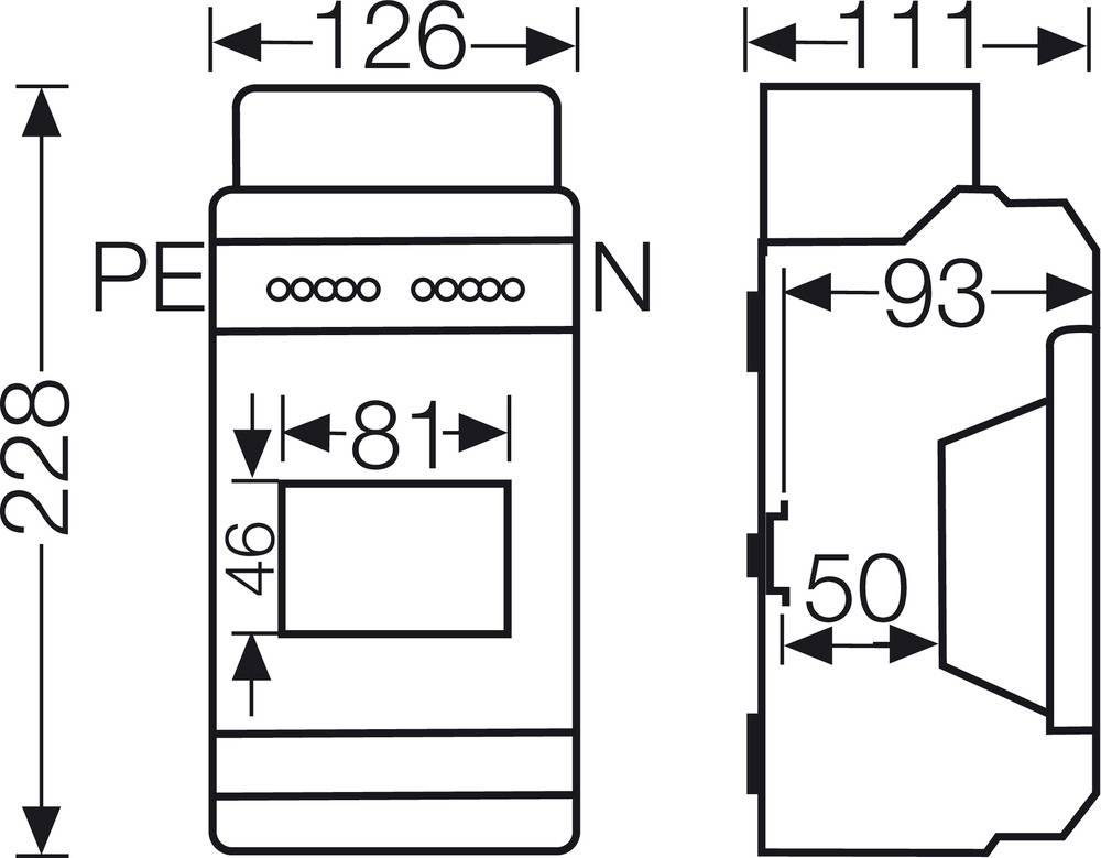 Technische Zeichnung eines rechteckigen Geräts mit Maßen: 126x228 mm frontal, 111x93 mm seitlich. Anzeigenfeld von 81x46 mm.