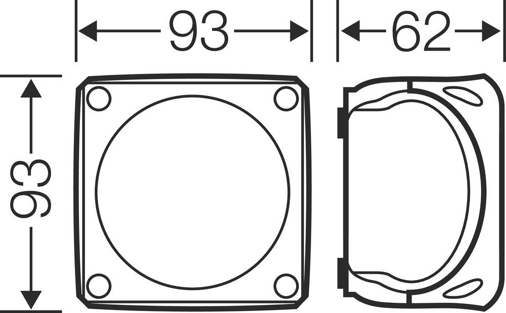 Technische Zeichnung eines quadratischen Gehäuses mit Maßen: 93x93 mm Gesamtgröße und 62 mm Tiefe.