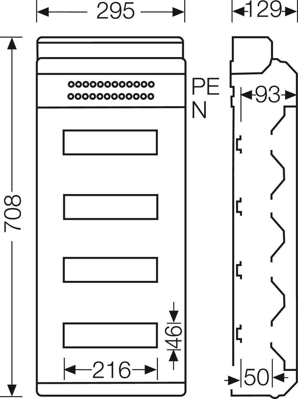 Technische Zeichnung eines rechteckigen Gerätes, zeigt Vorder- und Seitenansicht. Maße: Höhe 708 mm, Breite 295 mm, Tiefe 129 mm.