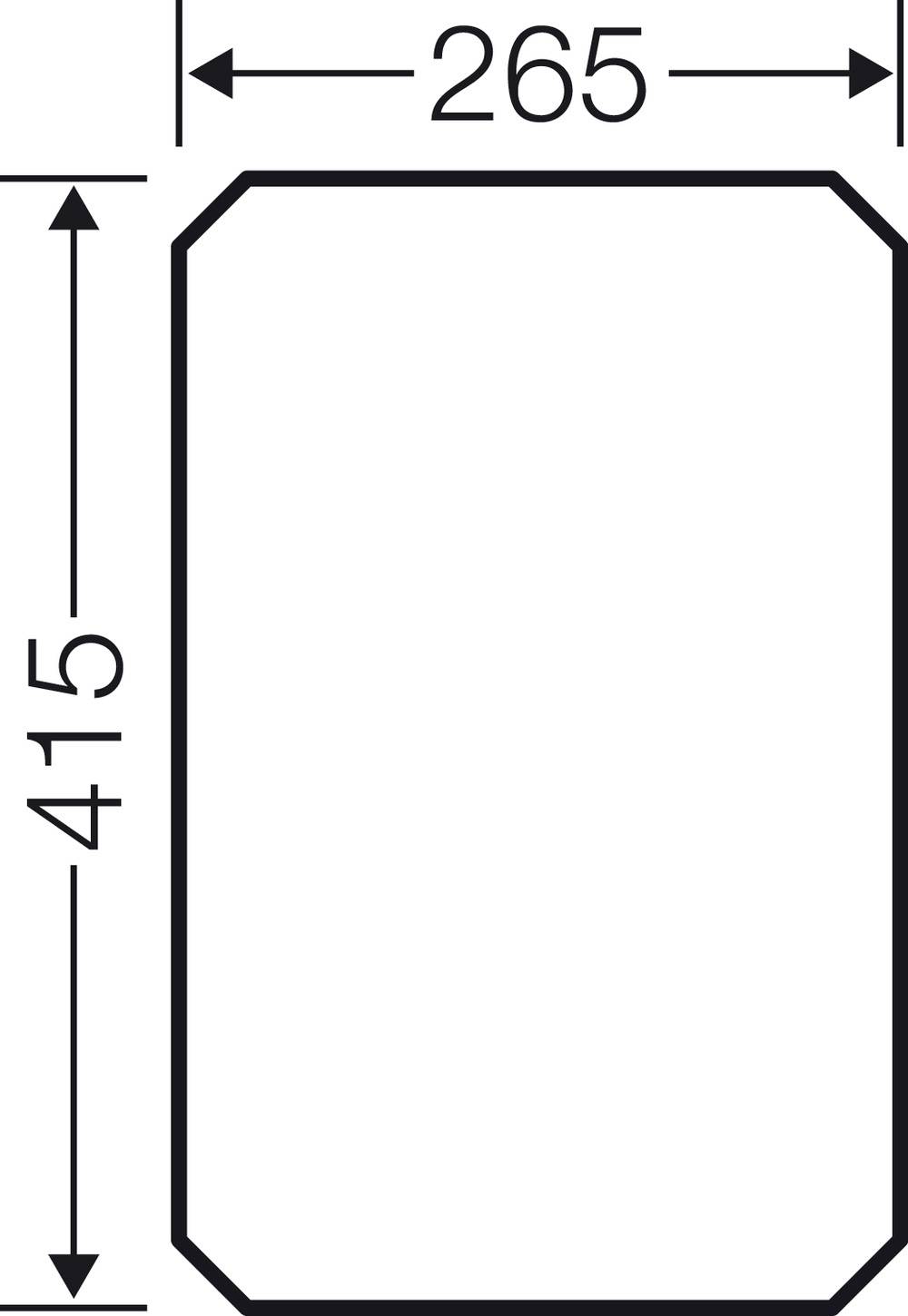 Ein rechteckiges Diagramm mit abgerundeten Ecken zeigt Maße: Breite 265 mm, Höhe 415 mm.