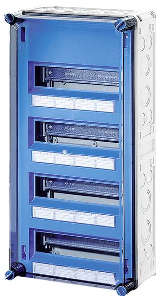 Ein blauer, montierter Sicherungskasten mit mehreren Fächern und einem transparenten Deckel, umgeben von einer weißen Gehäusestruktur.