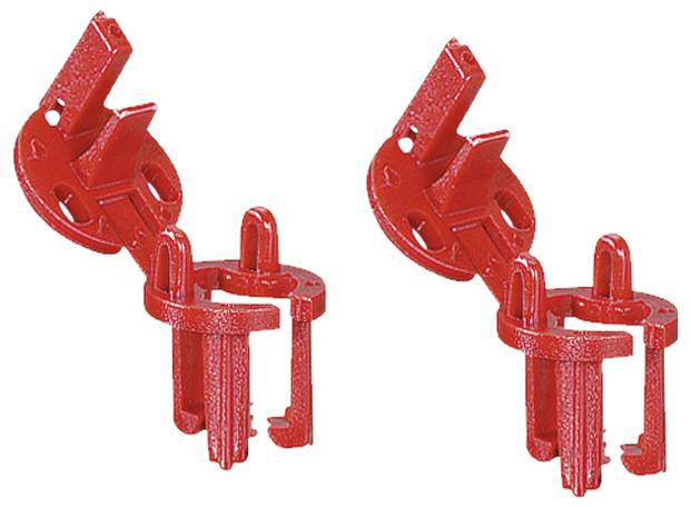 Zwei rote Kunststoffklemmen auf weißem Hintergrund, geeignet für Lockout-Tagout-Sicherheitsverfahren zur Verriegelung von mechanischen Schaltern.