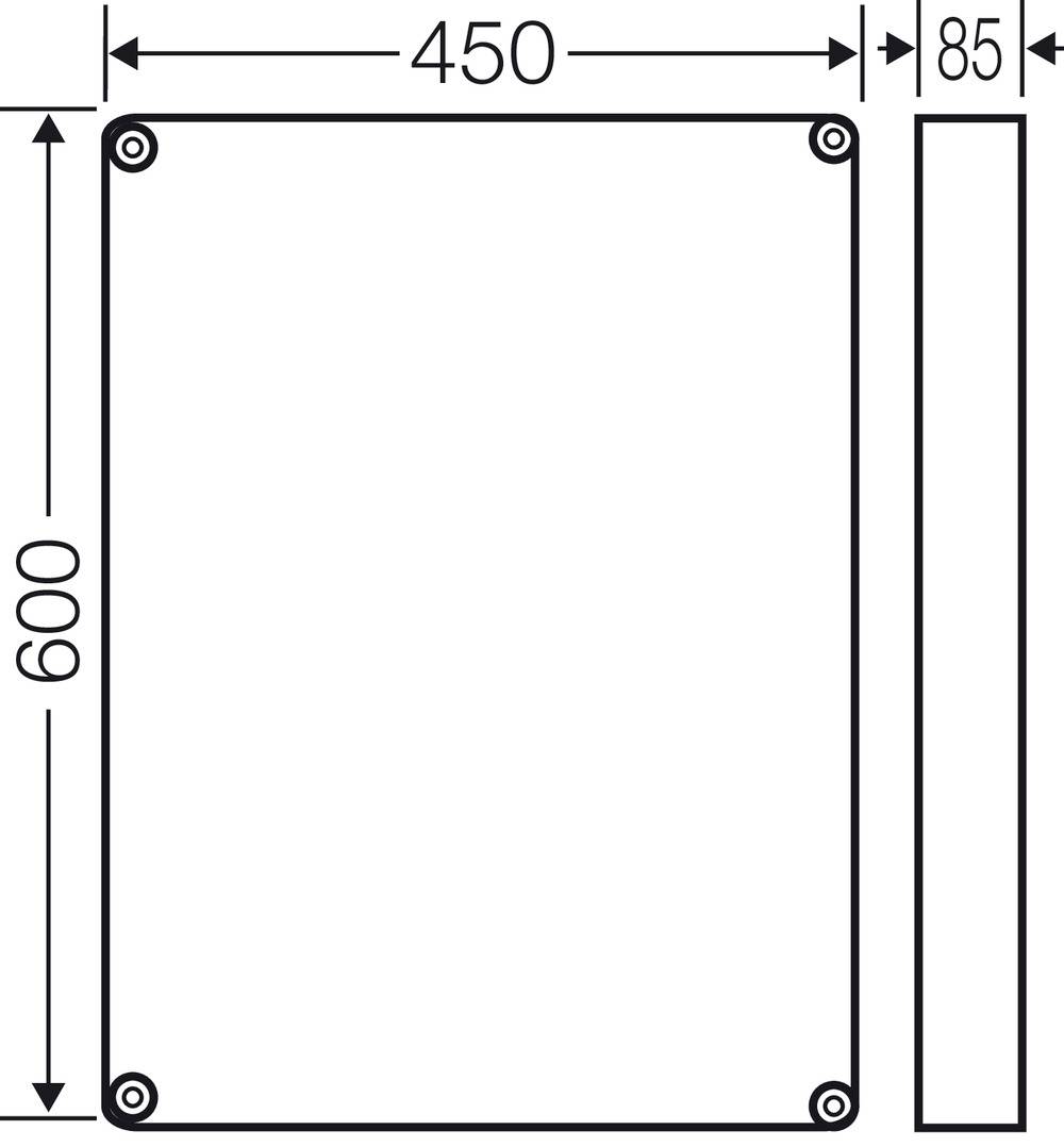 Technische Zeichnung eines rechteckigen Objekts mit den Maßen 450 x 600 x 85 mm. Schraublöcher sichtbar.