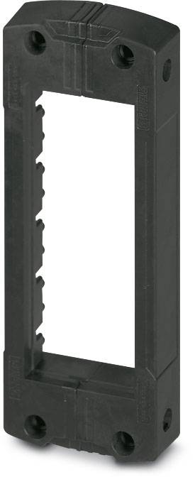 Schwarzer rechteckiger Kunststoffrahmen mit abgerundeten Ecken und Löchern an den Ecken, möglicherweise zur Befestigung.