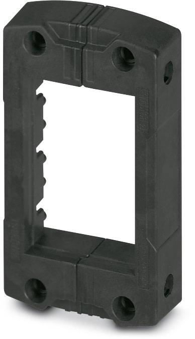 Rechteckige schwarze Kunststoffhalterung mit Schraublöchern und einer offenen Mitte, geeignet zur Befestigung elektrischer Komponenten.