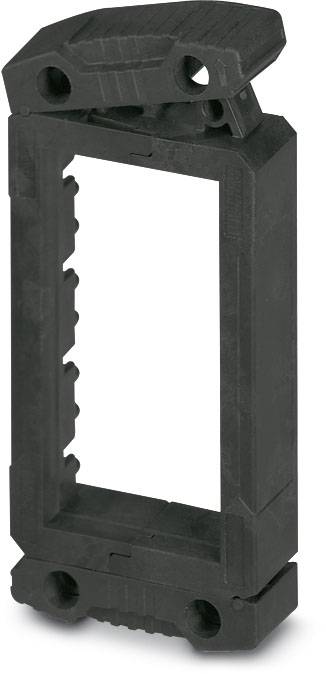 Schwarzes rechteckiges Kunststoffgehäuse mit mehreren Befestigungspunkten, wahrscheinlich für die Montage elektronischer Bauteile.