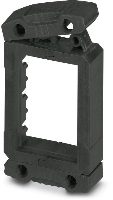 Ein schwarzer Kunststoffrahmen mit Schraubenlöchern, möglicherweise ein Bauteilrahmen oder ein Halterungselement.