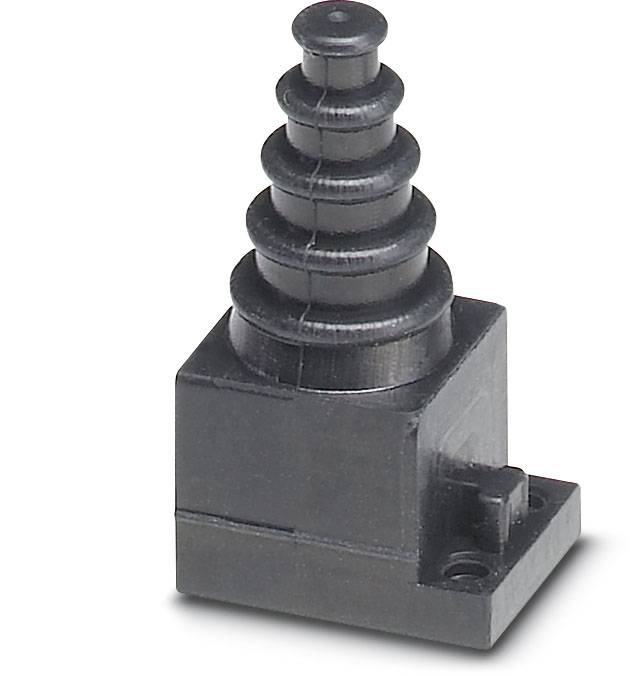 Schwarzer Drucktaster aus Kunststoff, stapelbar, rechteckige Basis, fünf gestufte Ringe, geeignet für elektrische Steuerungen.