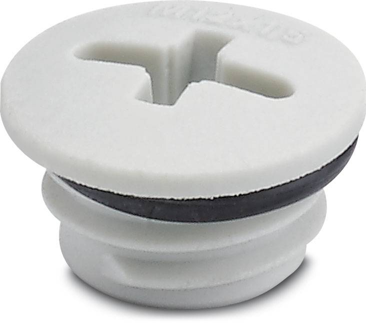 Weiße Kunststoffschraube mit großem Schlitz und schwarzer Dichtung, seitliche Ansicht. Verwendet zur Abdichtung oder Befestigung in technischen Anwendungen.