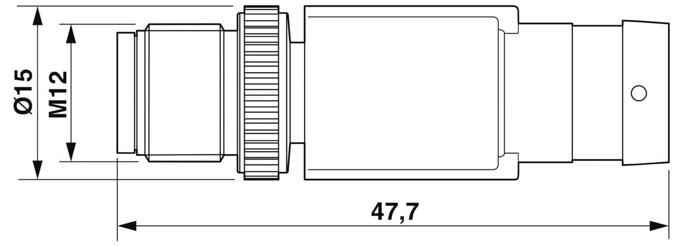 Technische Zeichnung einer zylindrischen Komponente mit Abmessungen: Durchmesser 15 mm, M12-Gewinde und Länge 47,7 mm, mit detaillierten Nuten.