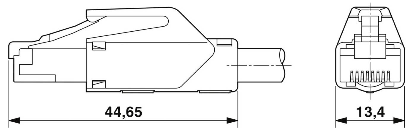 Diagramm, das die Abmessungen eines Ethernet-Steckers zeigt: Länge 44,65 mm, Breite 13,4 mm, mit Hervorhebung der Stecker- und Kabelmerkmale.