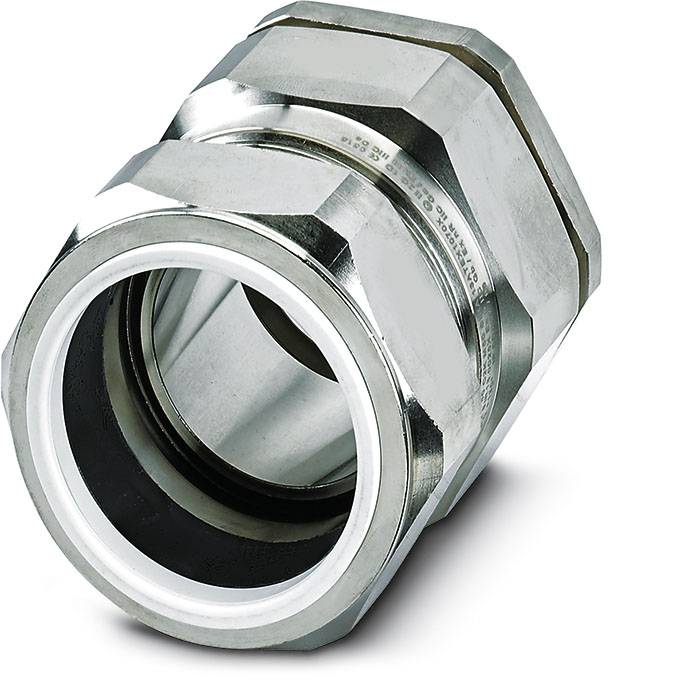 Eine metallische Verschraubung mit sechseckigem Profil und sichtbarem Innengewinde, isoliert auf weißem Hintergrund.