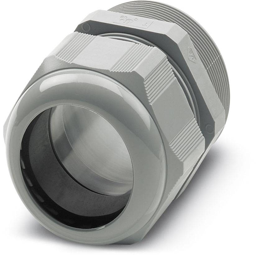 Ein grauer Kabelverschraubung aus Kunststoff, gezeigt in Nahaufnahme. Sie hat ein geripptes Design und dient zur Abdichtung von Kabeln.
