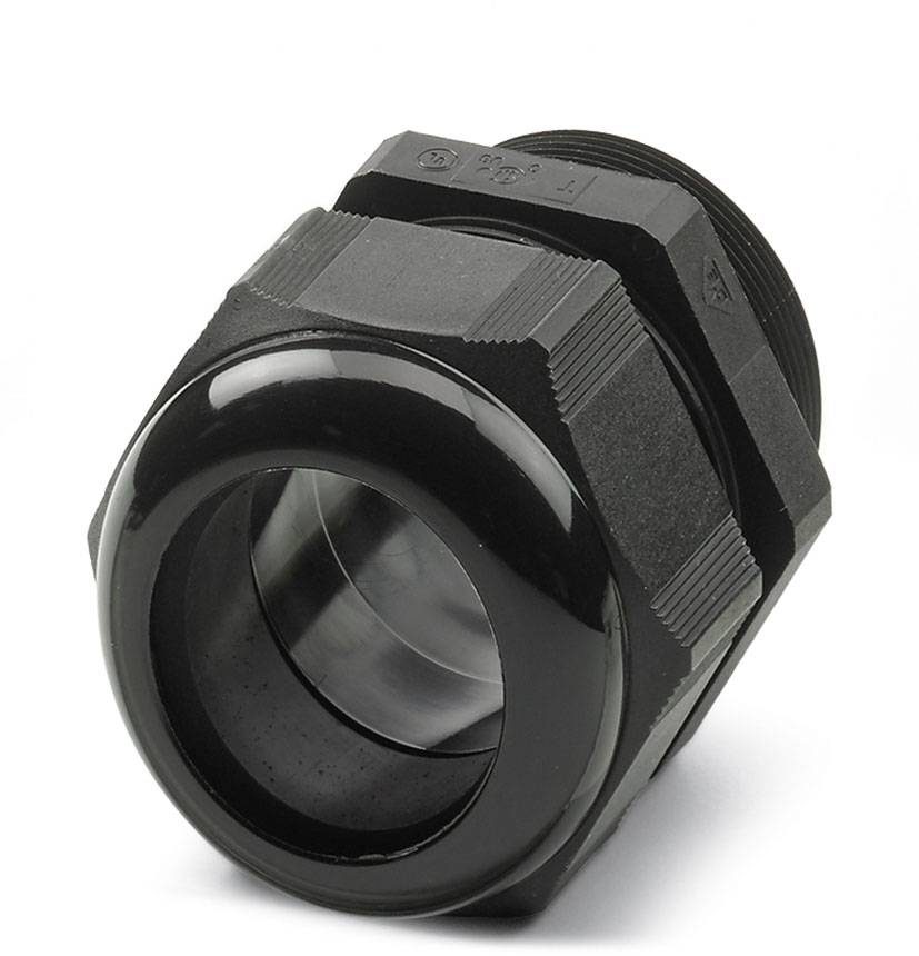 Ein schwarzer Kunststoff-Kabelverschraubung mit einem runden, glänzenden Kopf und Gewinde, zur Befestigung und Abdichtung von Kabeln.