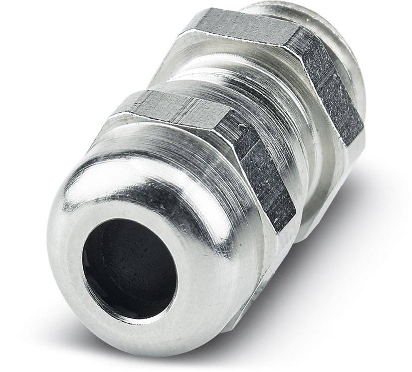 Metallkabelverschraubung, zylindrisch, mit Gewinde und Sechskantmuttern, dient der sicheren Befestigung von Kabeln.