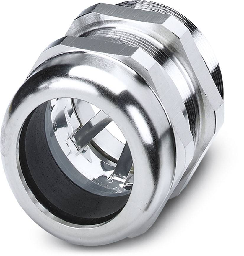 Metallische Kabelverschraubung in silberner Farbe, zylindrische Form, mit Schutzvorrichtungen für Kabelmanagement in technischen Anwendungen.