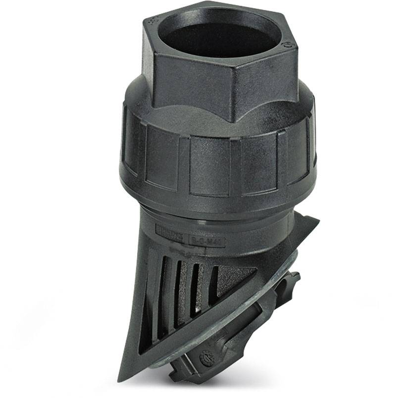 Ein schwarzer Kunststoffadapter mit sechseckiger Oberseite und luftdurchlässigen Schlitzen, möglicherweise für Belüftung.