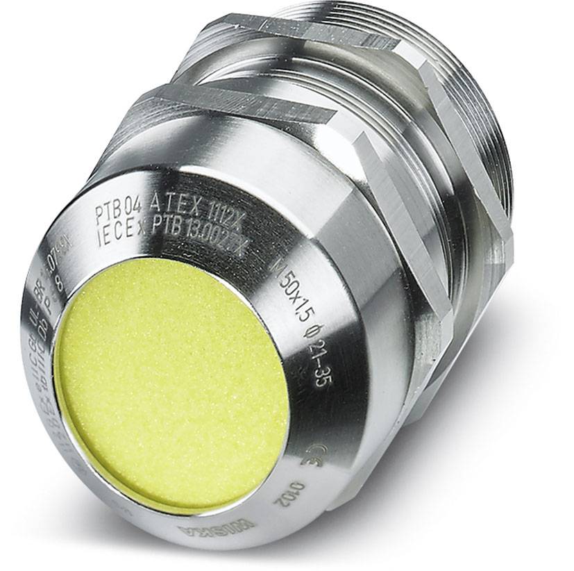 Kompakter zylindrischer Edelstahl-Drucksensor mit gelber Kappe und Gravur, geeignet für industrielle Anwendungen in explosionsgefährdeten Bereichen.
