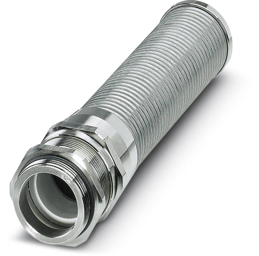 Ein metallischer zylindrischer Gegenstand mit geripptem Mittelteil und Gewindeenden, möglicherweise eine Art Gewindeverlängerung.