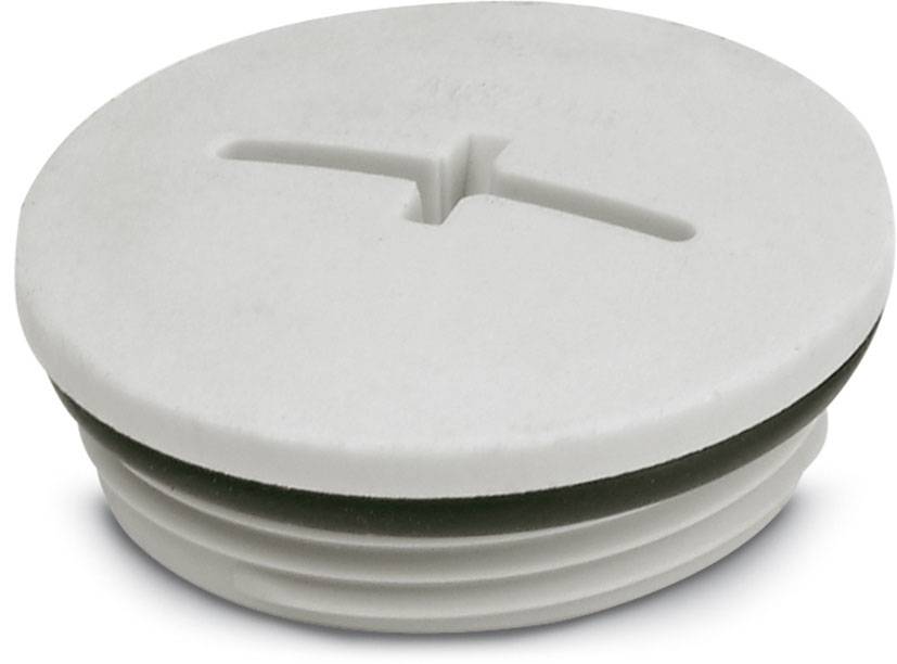 Runder, weißer Kunststoffdeckel mit einem schraubähnlichen Design und einer eingelassenen Kreuzkerbe, vermutlich zur Abdichtung.