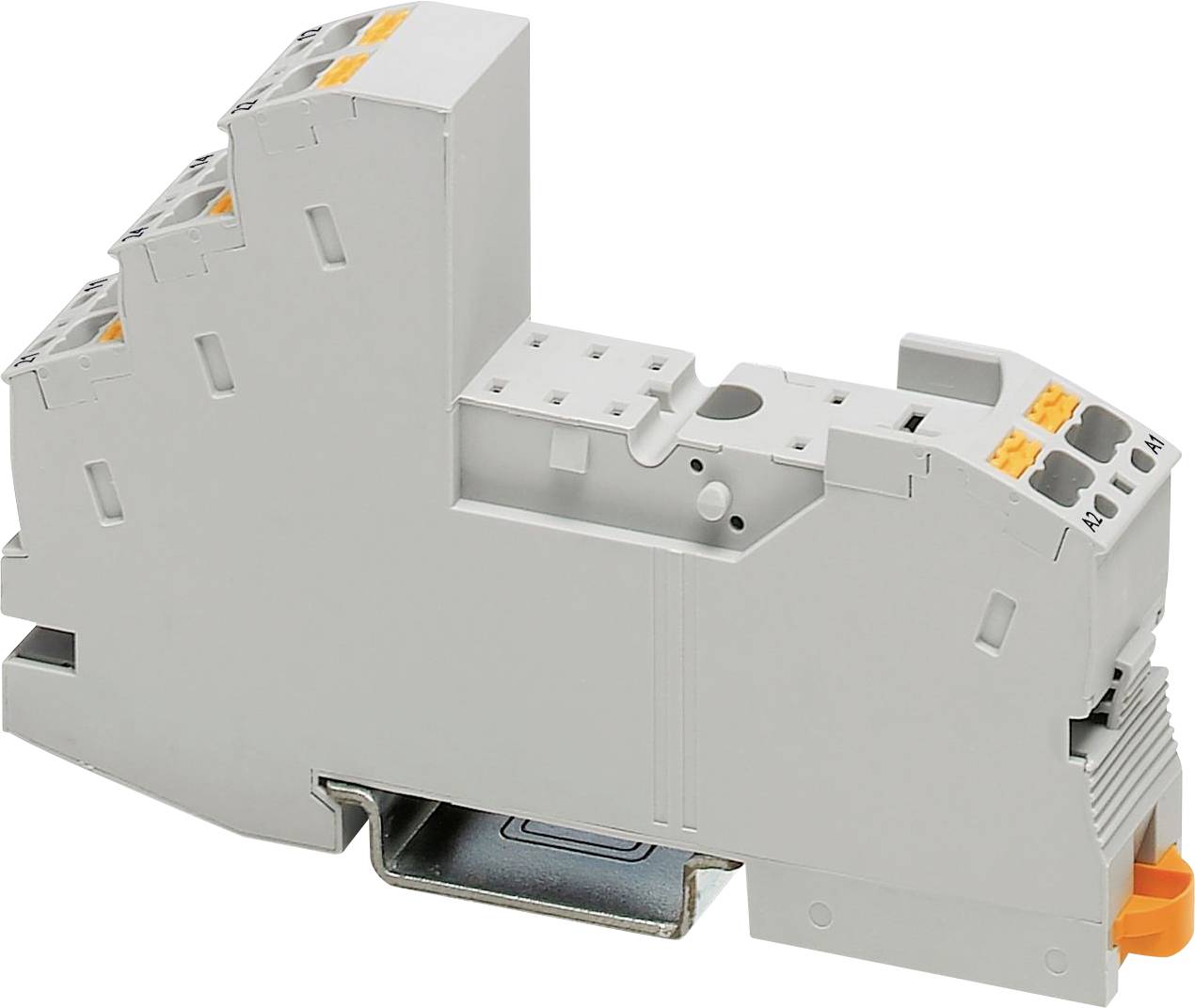 Ein graues elektrisches Anschlussblockgerät mit mehreren Anschlüssen und einem orangefarbenen Hebel, das zur Montage auf einer DIN-Schiene in Industrieanwendungen ausgelegt ist.