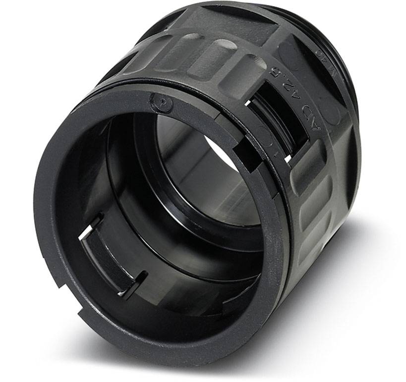 Ein schwarzer Kunststoffadapter mit Rillen und einem leicht glänzenden Finish. Verwendet zur Befestigung an technischen Geräten.