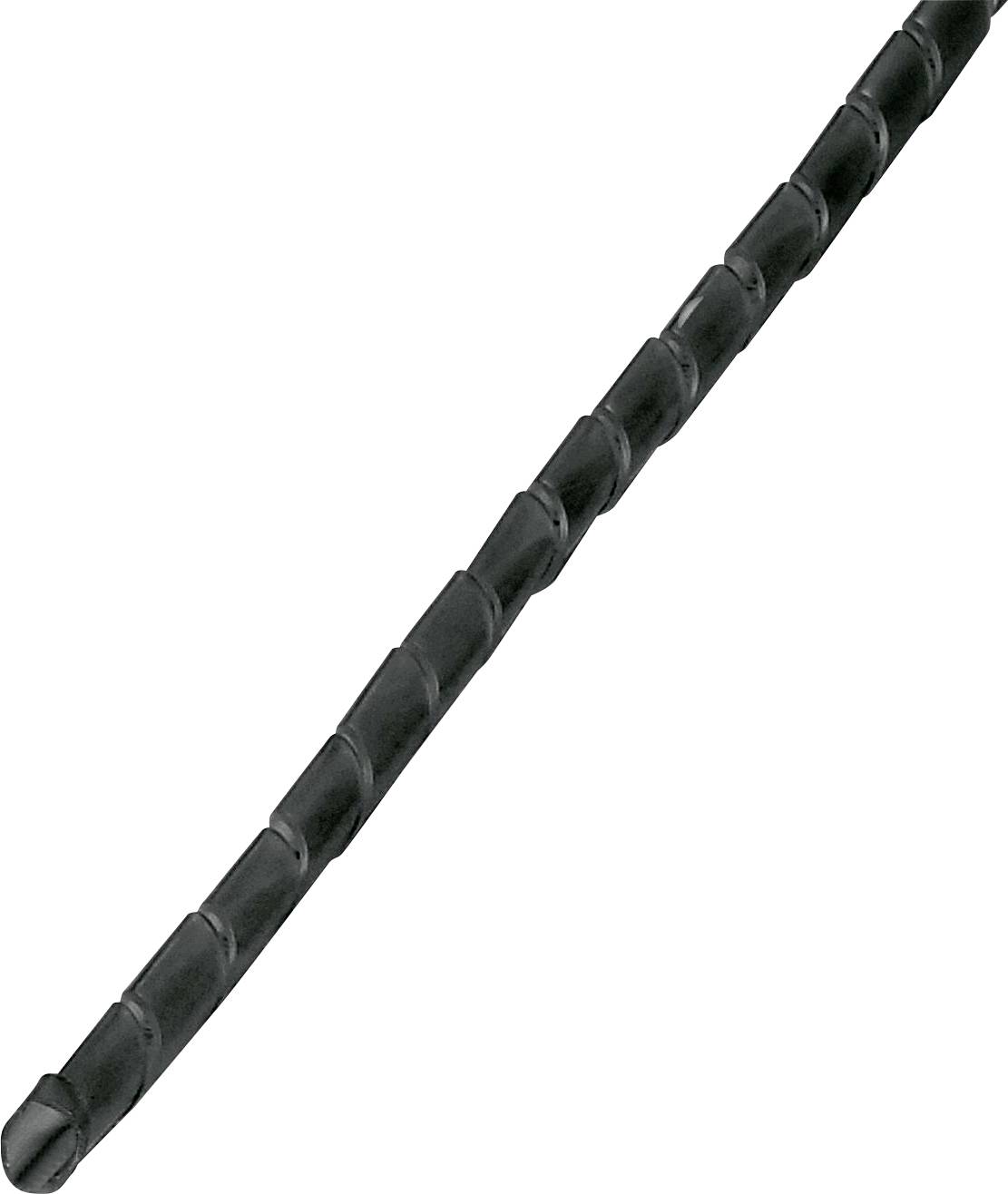 Ein schwarzer spiralförmiger Kabelschutz mit glatter Oberfläche, wird zum Organisieren und Schützen mehrerer Kabel verwendet, in diagonaler Position dargestellt.