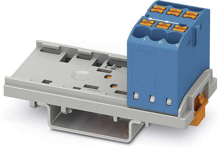 Ein elektrischer Steckverbinder mit blauer Abdeckung, montiert auf einer grauen Halterung, für den Einsatz in industriellen Anwendungen.