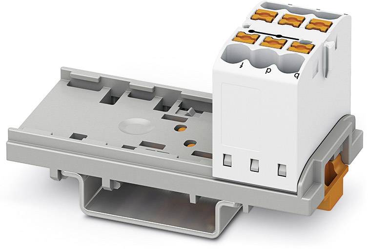 Ein grauer Steckverbinder mit weißen und orangefarbenen Elementen, geeignet zur sicheren Befestigung und Verbindung von elektrischen Leitungen.